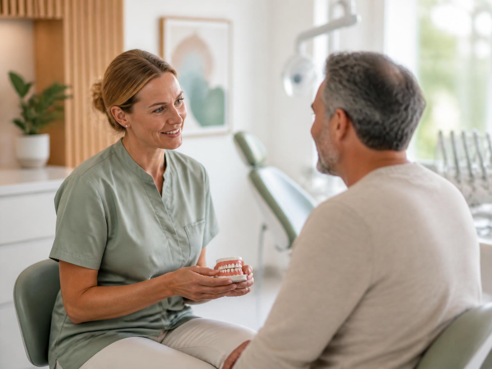 Tannpleier i samtale med pasient om behandling av periodontitt